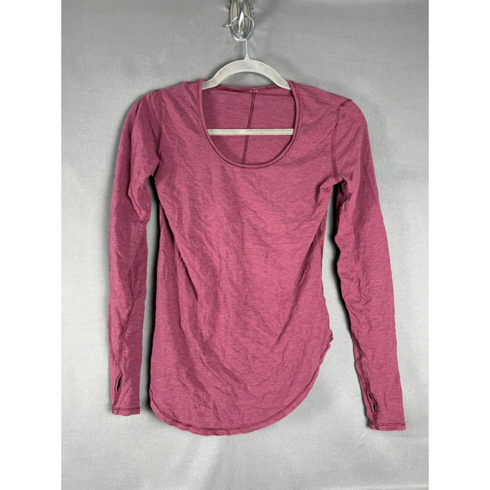 Lululemon Top Womens 4 Pink Long Sleeve Scoop Neck Thumbhole Curved Heathered